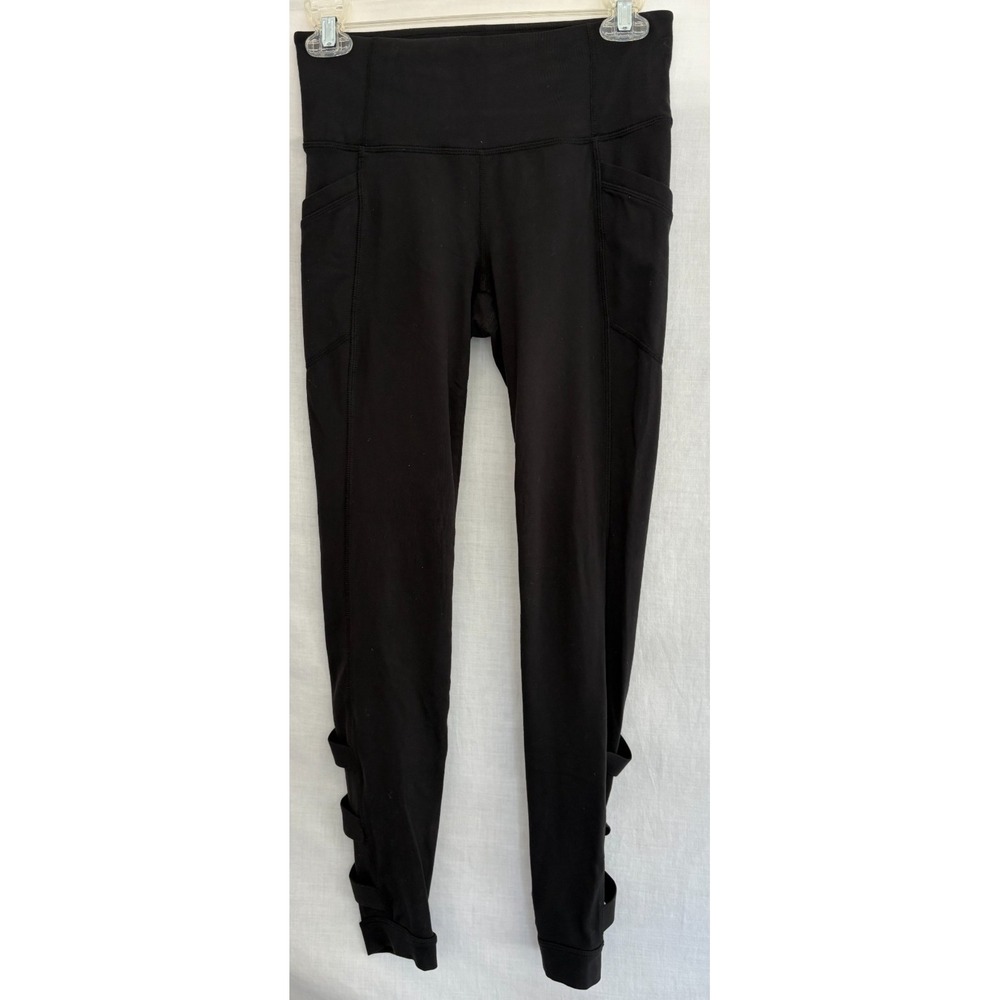 Athleta Women's Small Black Athleisure Skinny Leggings Ballet Straps Calf Accent